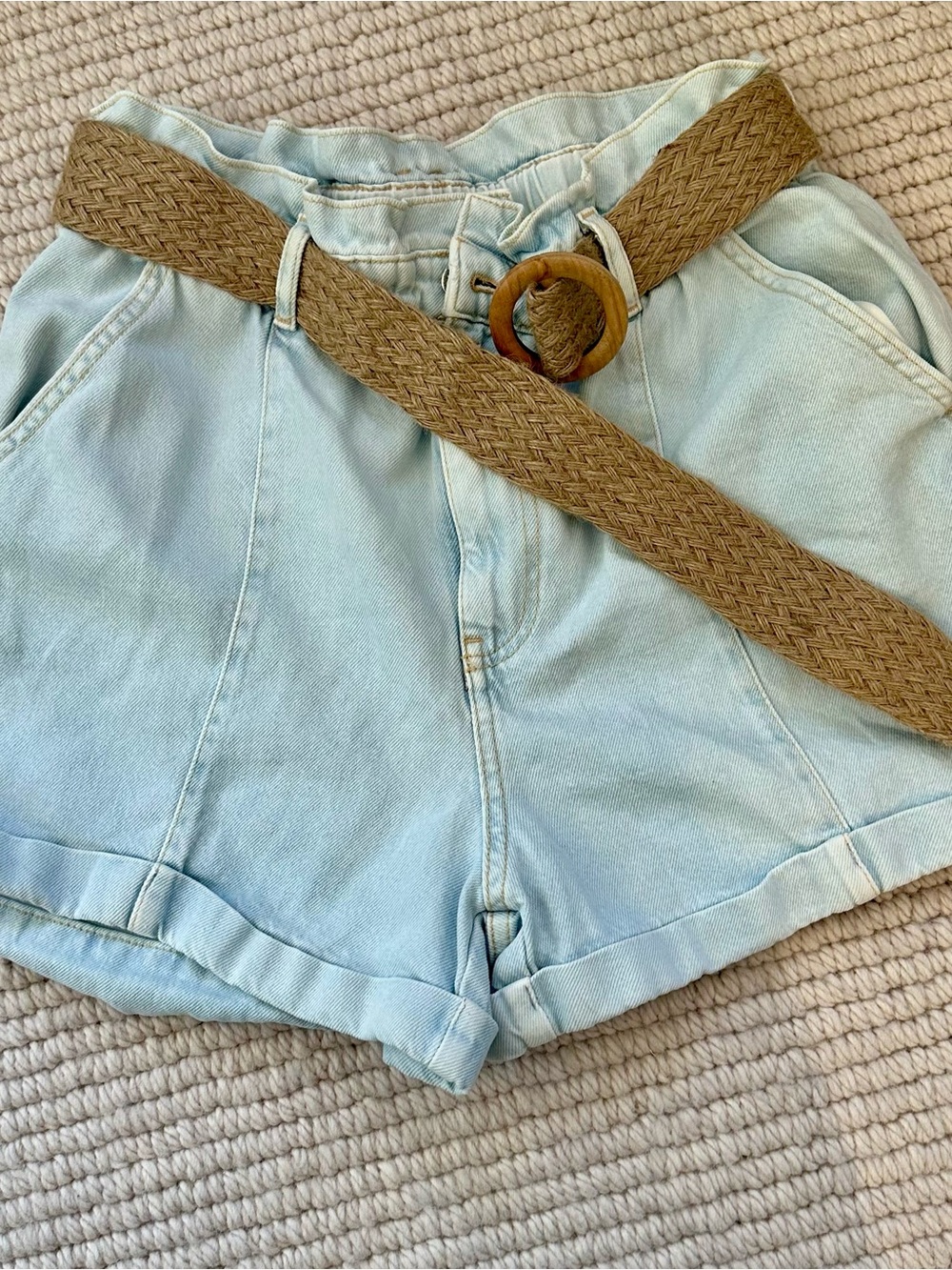 Zara Light Blue High-Rise Denim Shorts with Tan Woven Belt